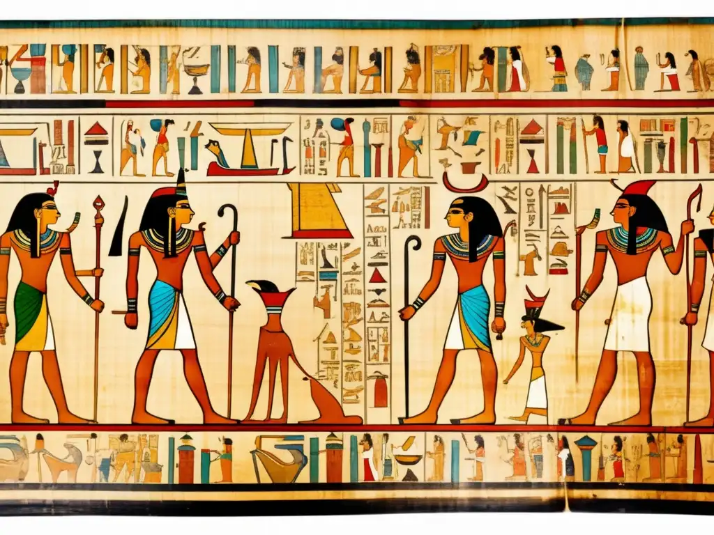 Una cautivadora imagen del periodo intermedio antiguo de Egipto, con un papiro antiguo y desgastado, hieroglíficos desvanecidos y escenas de la época