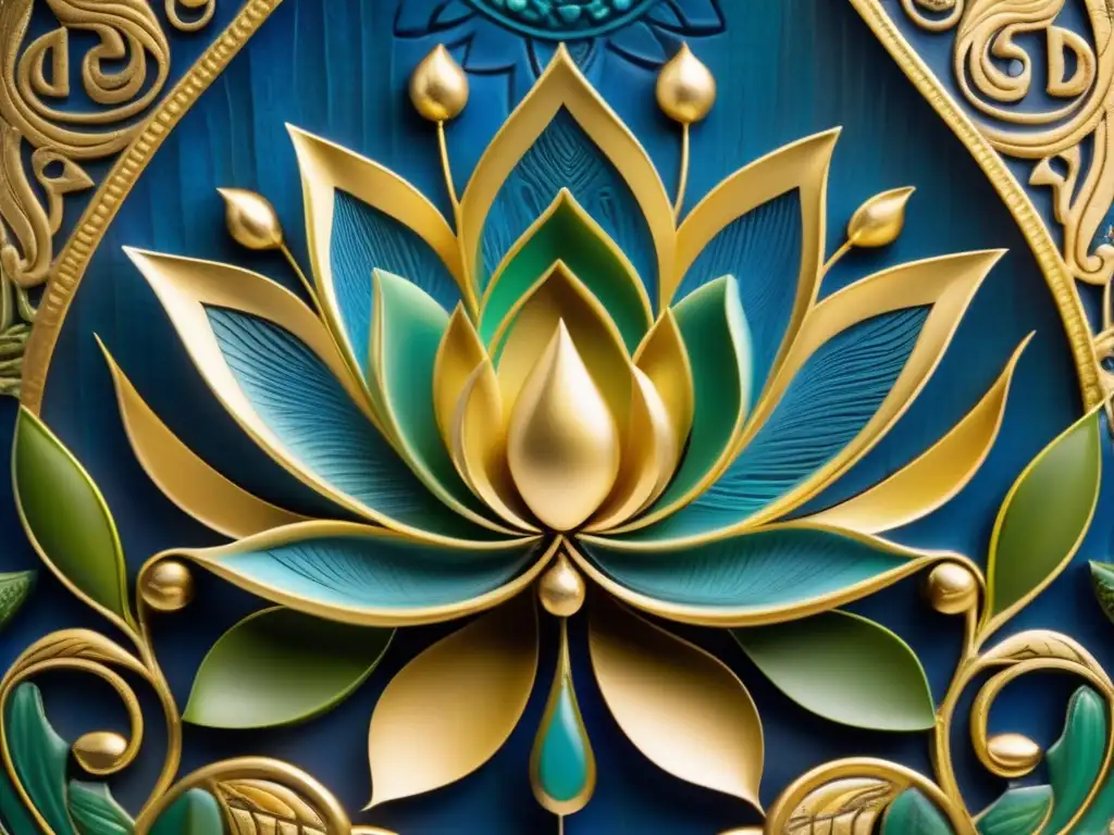 Una cautivadora imagen del significado del loto en Egipto: una flor de loto tallada con intrincados detalles en tonos vibrantes de azul, oro y verde