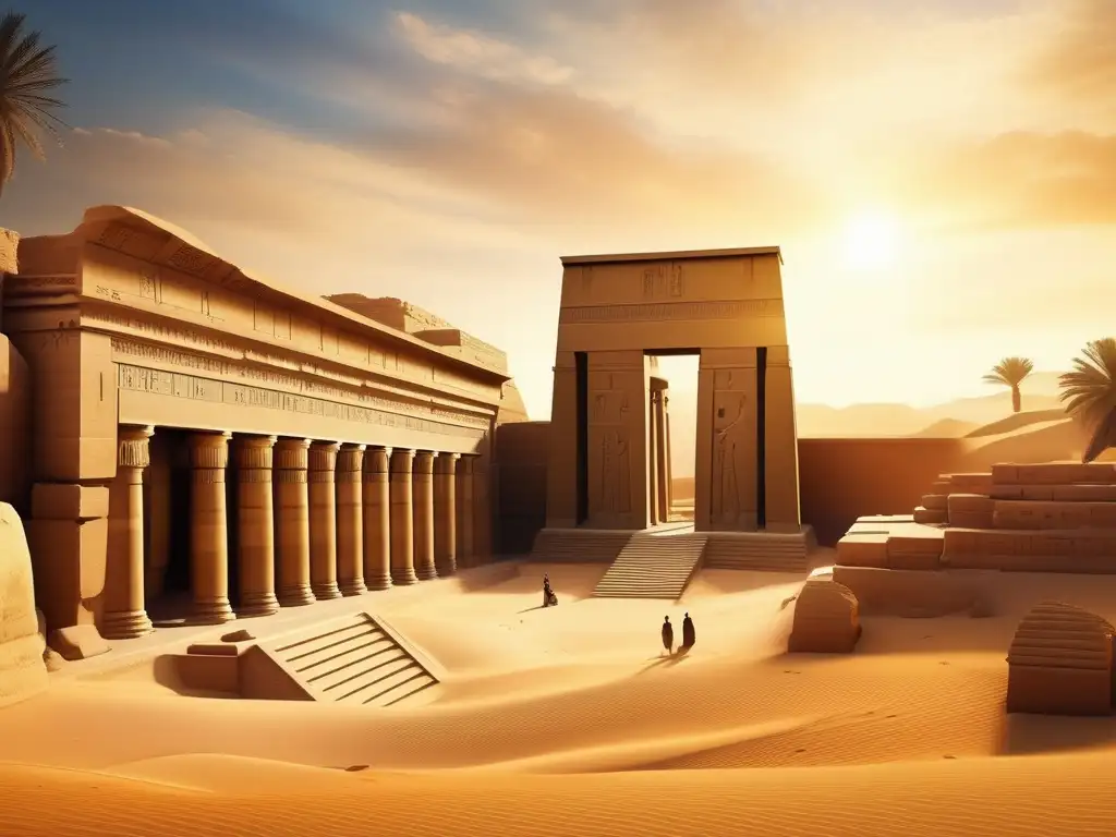 Una cautivadora imagen de un sitio arqueológico antiguo en Egipto, bañado por la cálida luz dorada del sol, transporta al espectador en el tiempo