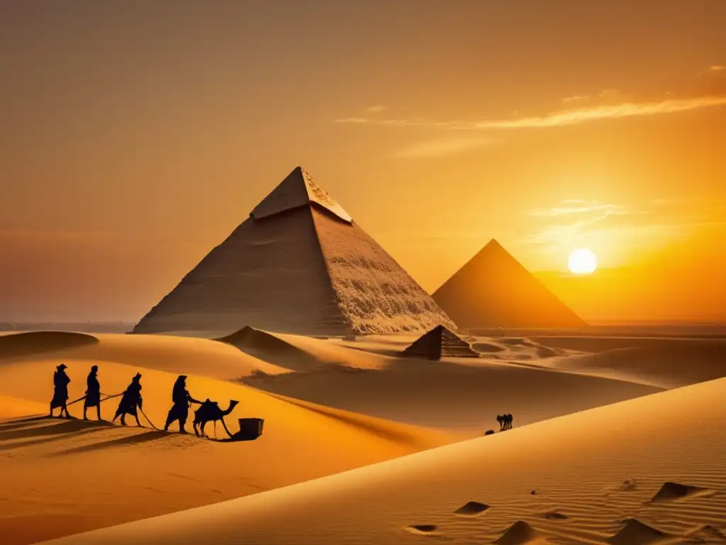Una cautivadora imagen vintage del desierto al amanecer, con la imponente silueta de la Gran Pirámide de Giza destacándose en el cielo dorado