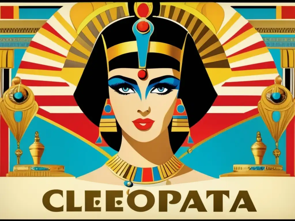 Una cautivadora imagen vintage del póster de la película 'Cleopatra' de 1963, protagonizada por Elizabeth Taylor como la icónica reina egipcia