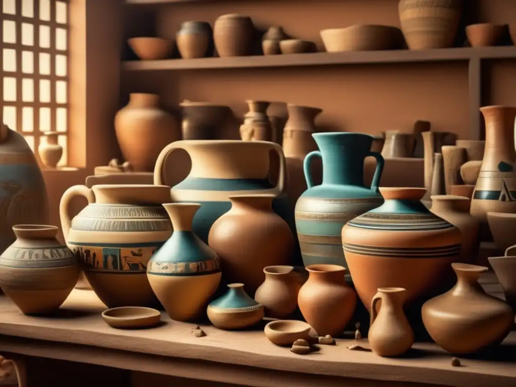 Una cautivadora imagen vintage muestra un taller de cerámica antiguo egipcio lleno de actividad