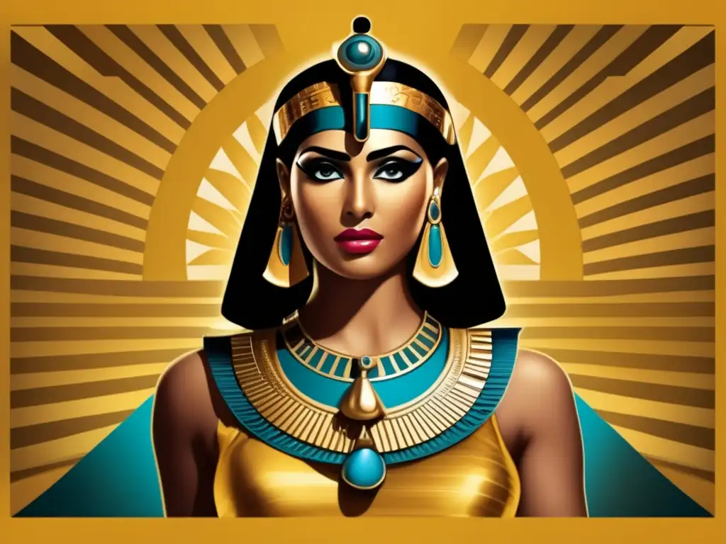 Una cautivadora interpretación moderna de Cleopatra en la cultura pop: un póster de película vintage con una expresión regia y seductora