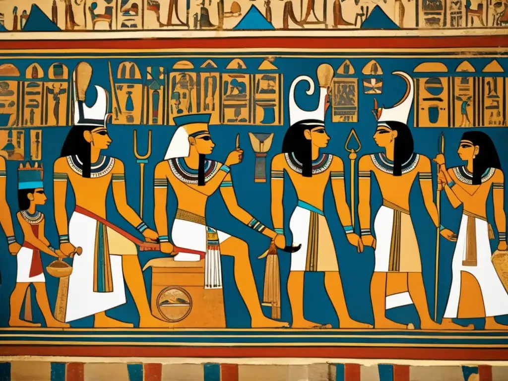 Una cautivadora pintura egipcia del Imperio Nuevo, con el faraón Ramsés II en su trono rodeado de símbolos y esplendor
