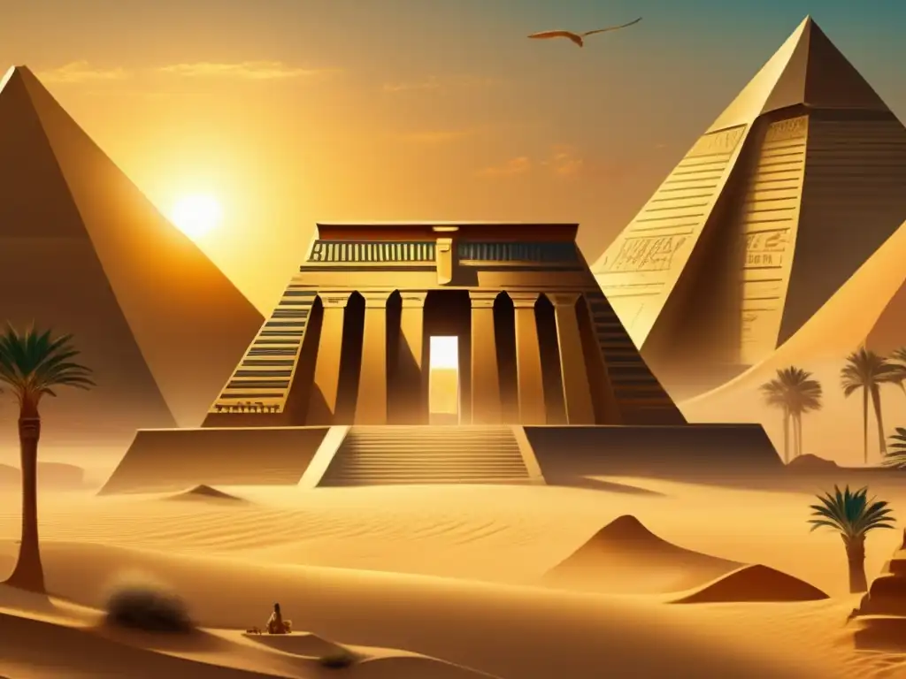 Una cautivadora pintura vintage de un templo egipcio bañado en luz dorada