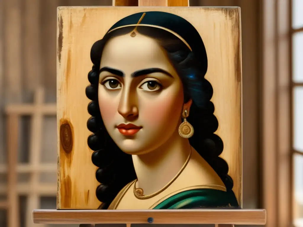 Una cautivante imagen en alta resolución de un retrato vintage del Arte del Fayum, expuesto en un caballete de madera desgastada