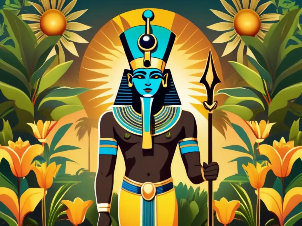 En el centro de la imagen, la antigua deidad egipcia Osiris se yergue majestuoso, rodeado de exuberante vegetación y flores vibrantes