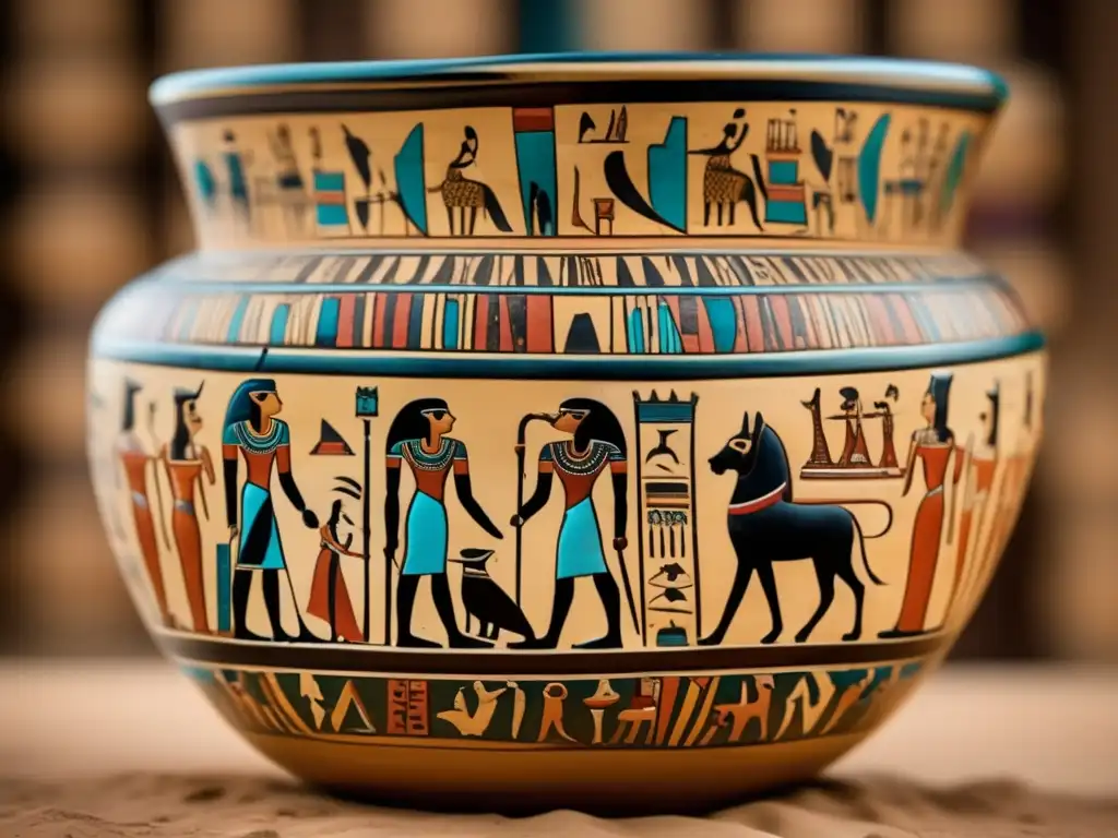 Cerámica antiguo Egipto: Escenas de vida diaria y símbolos pintados a mano en un vaso cilíndrico, lleno de colores vibrantes y patrones intrincados