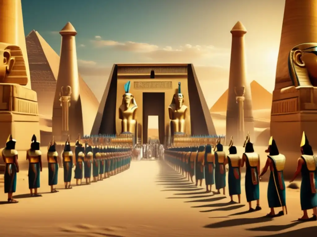 Ceremonia de Ascenso del Faraón en Egipto: Templo antiguo, procesión sagrada, columnas imponentes y divinidad resplandeciente