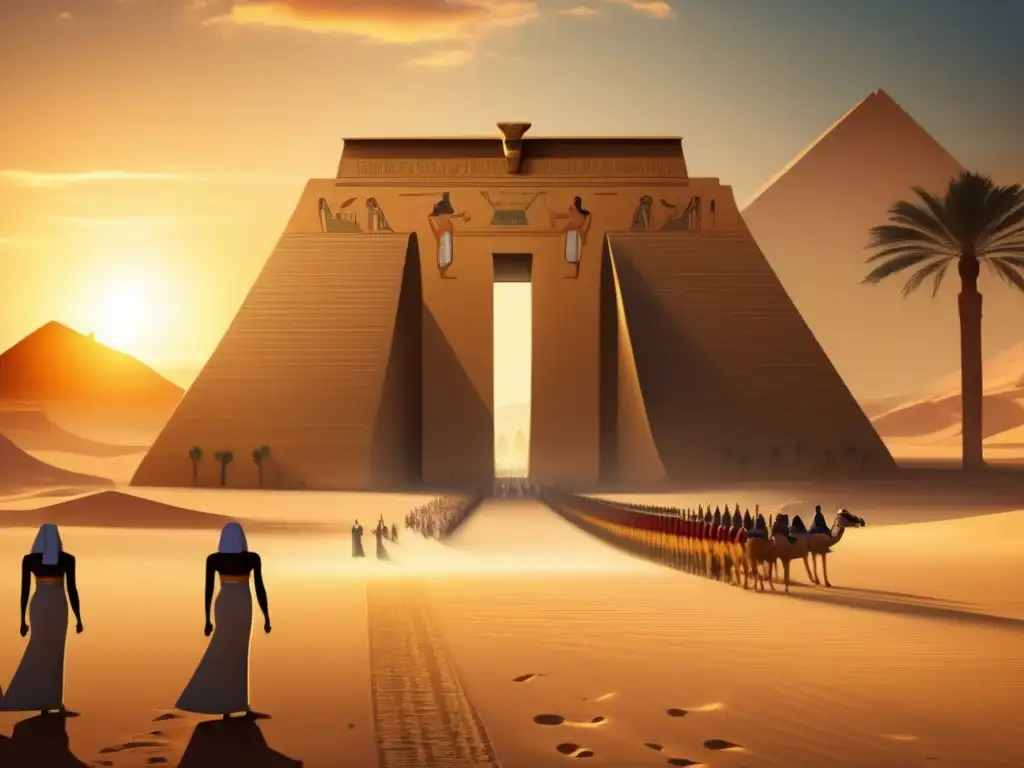 Ceremonia de Ascenso del Faraón en Egipto: Templo antiguo al atardecer, con jeroglíficos, columnas y la majestuosidad de la procesión real