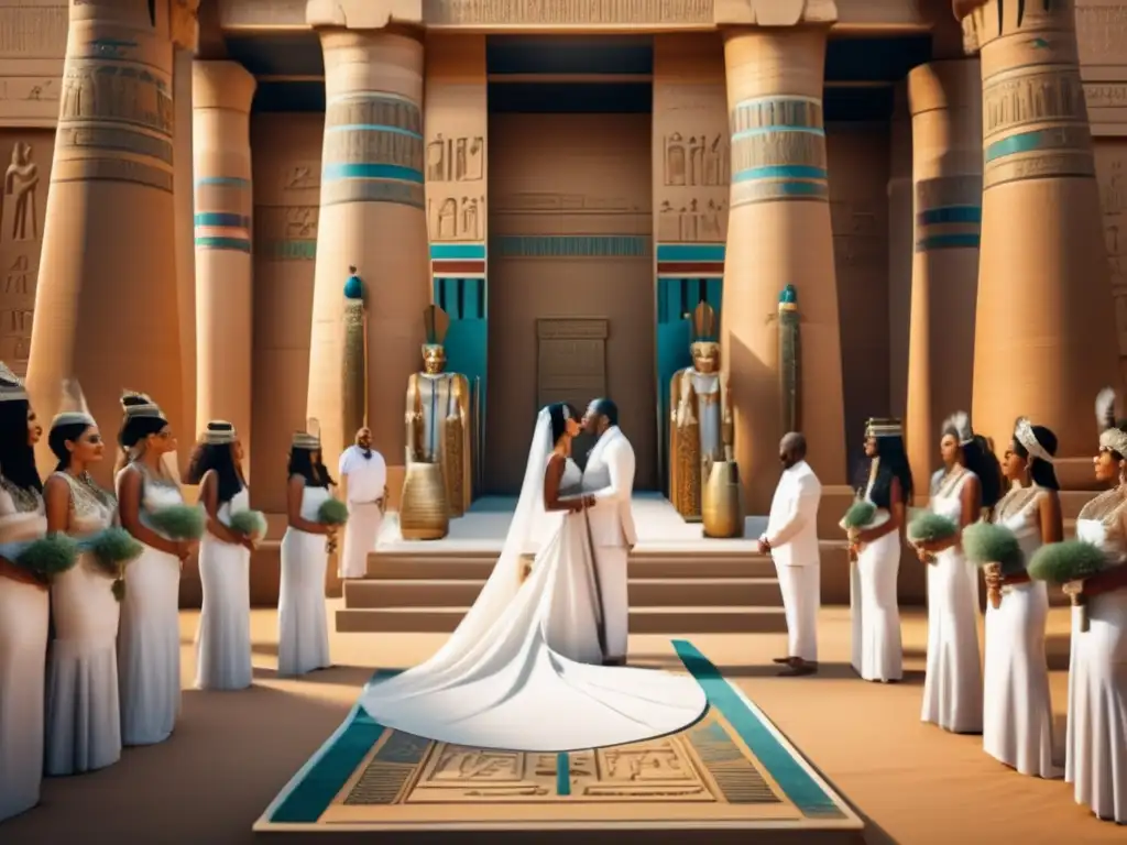 Una ceremonia de boda en un antiguo templo egipcio, con costumbres románticas antiguos egipcios
