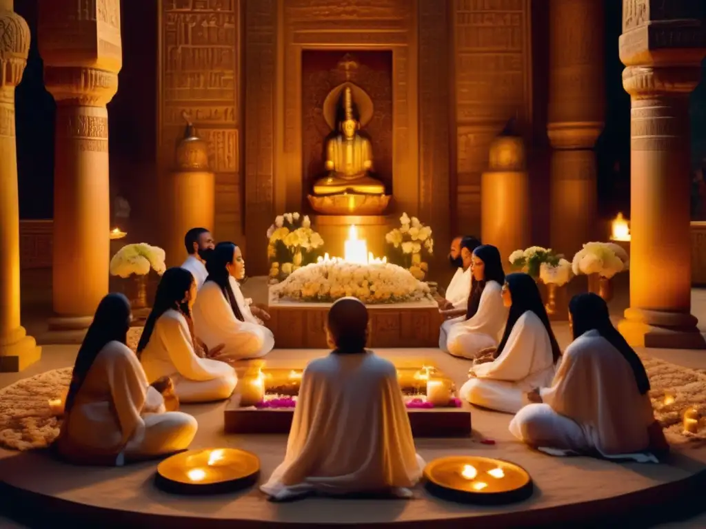 Ceremonia de devoción a Isis en un templo opulento, donde los fieles visten túnicas blancas y rodean un altar cubierto de flores y velas