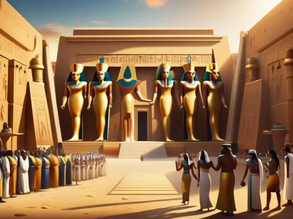 Ceremonias de adoración en Egipto: Un templo antiguo en un vibrante patio lleno de adoradores, estatuas doradas y rituales sagrados