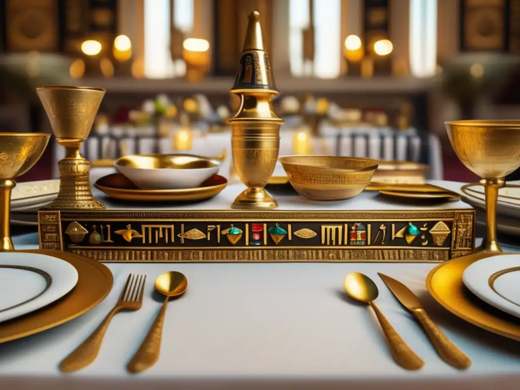 Ceremonias de comensalidad en Egipto: una mesa egipcia bellamente adornada, cubierta con un mantel blanco impecable y bordado con jeroglíficos dorados
