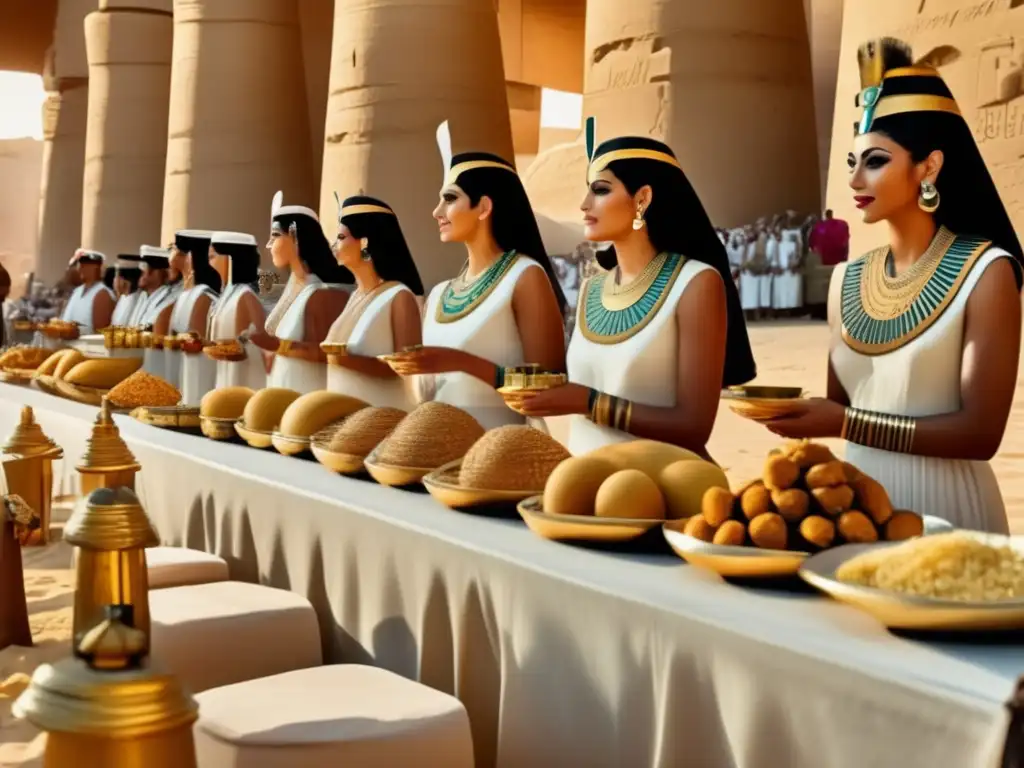Imagínate en las Ceremonias de Comensalidad en Egipto: una sala lujosa llena de nobles y sacerdotes disfrutando de un banquete opulento