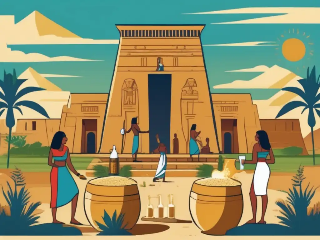 Cerveza de Hathor en Egipto: Un antiguo templo egipcio rodeado de exuberantes campos verdes