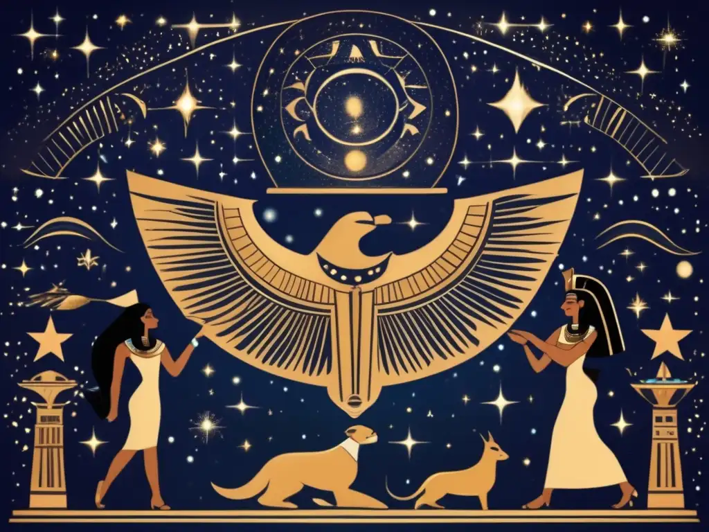 Un cielo nocturno en el antiguo Egipto, con constelaciones conectadas a deidades egipcias de la astronomía nocturna, como Nut, Thoth e Isis