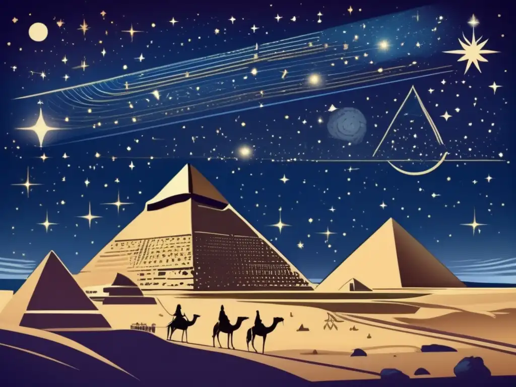 Una ilustración vintage deslumbrante muestra el cielo nocturno sobre el antiguo Egipto, con las Grandes Pirámides en primer plano