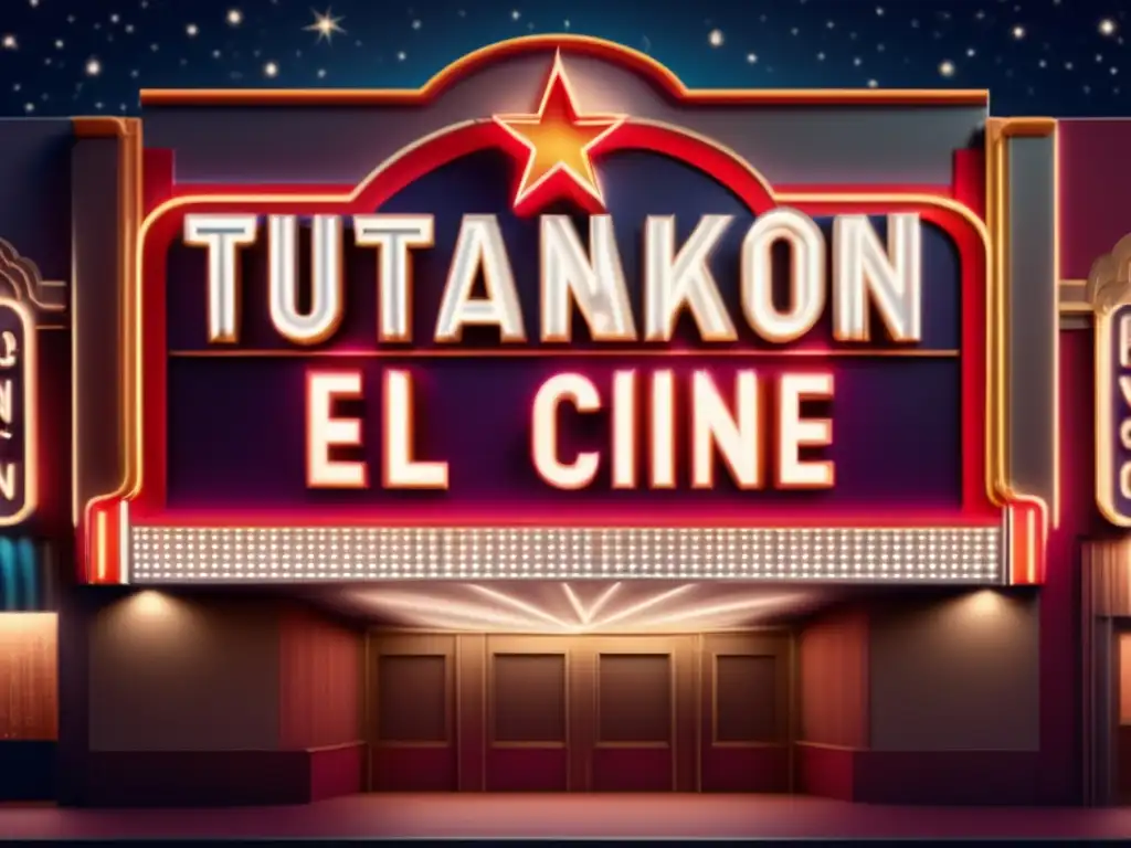 Marquesina de cine vintage, con luces de neón parpadeantes y el título 'Tutankamón en el Cine