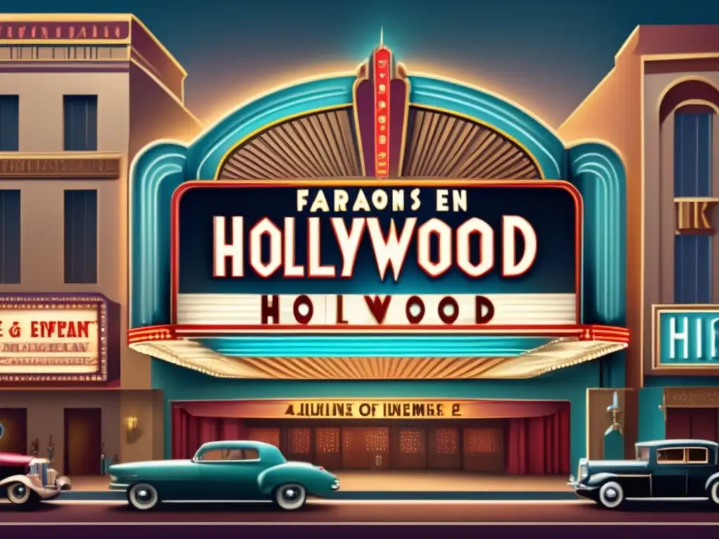 Marquesina de cine vintage con el título 'Faraones en Hollywood' en letras audaces y estilizadas