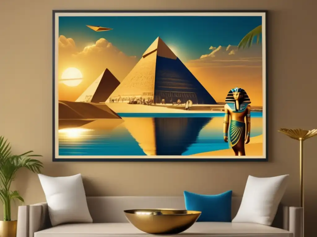 Una representación cinematográfica del Antiguo Egipto: Un impresionante póster vintage con una escena cautivadora que muestra al Faraón rodeado de leales servidores y guerreros, evocando la grandiosidad y la nostalgia de las películas sobre el Antiguo Egipto en Hollywood