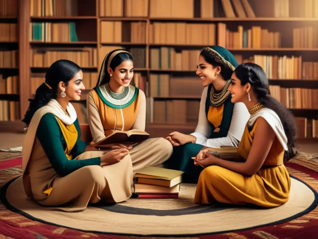 Un círculo de jóvenes mujeres egipcias, vistiendo ropa tradicional, discuten animadamente sobre educación rodeadas de libros y materiales educativos