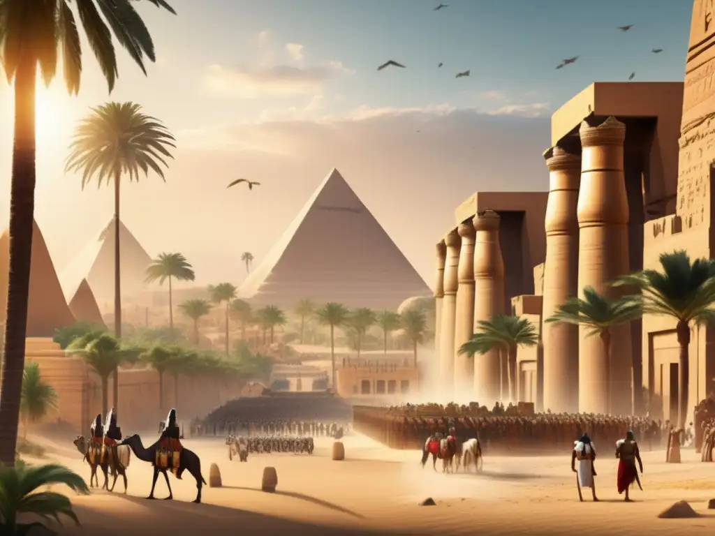 Una ciudad antigua egipcia bulliciosa, rodeada de oasis exuberantes y guerreros estrategas