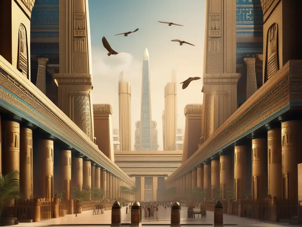 Una ciudad bulliciosa con rascacielos y arquitectura moderna, fusionada con elementos egipcios en su entrada principal