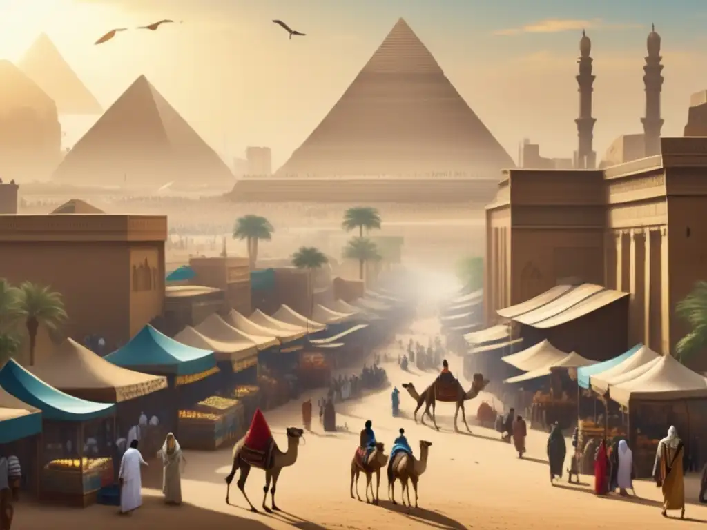 Una ciudad egipcia del Imperio Medio, con mercados bulliciosos, templos monumentales y calles concurridas