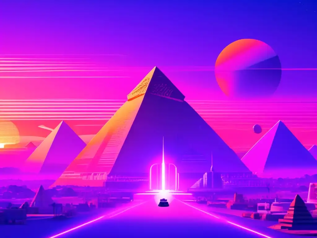 Una ciudad futurista con pirámides al estilo vintage en un atardecer púrpura y rosa