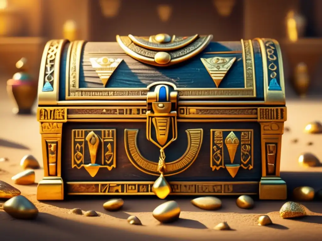 Un cofre antiguo adornado con jeroglíficos egipcios revela tesoros faraónicos de Psusennes I en Egipto, con un brillo misterioso