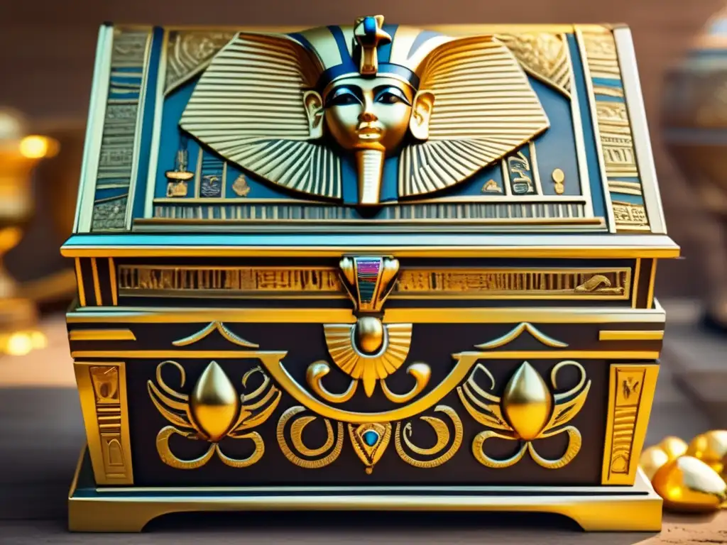 Un cofre del antiguo Egipto, detallado y adornado con tallas y acentos dorados, revela tesoros del faraón Psusennes I