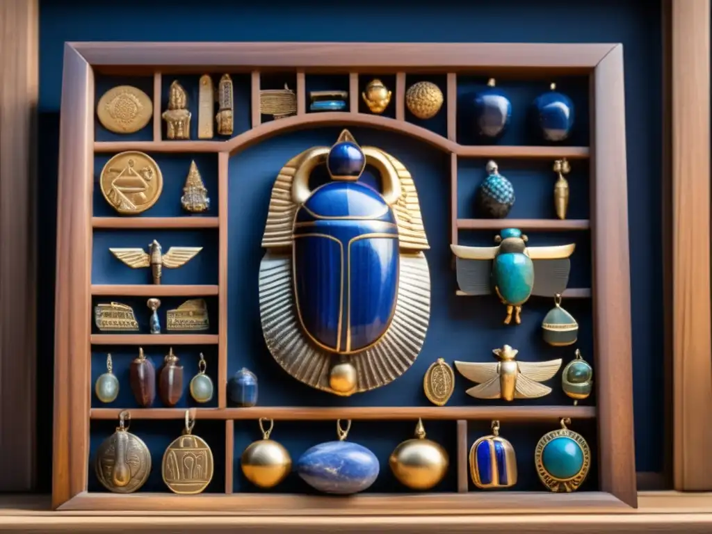 Una colección de amuletos egipcios antiguos, bellamente dispuestos en una vitrina de madera vintage