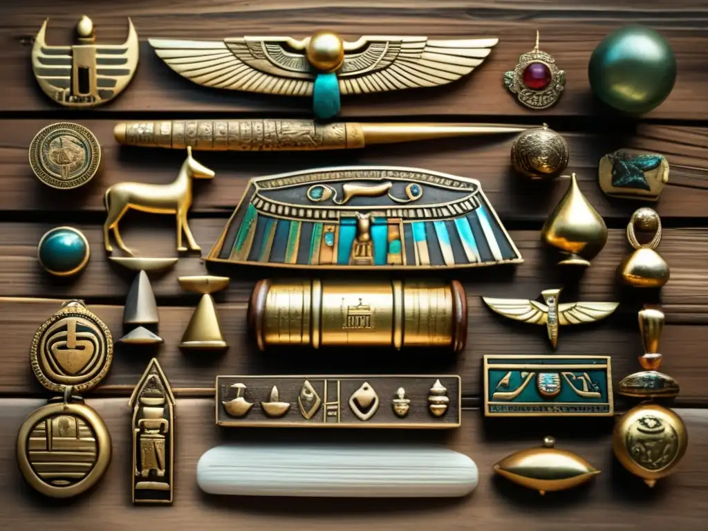 Una colección de amuletos egipcios de protección sobrenatural, detallados en 8k y dispuestos en una mesa de madera envejecida