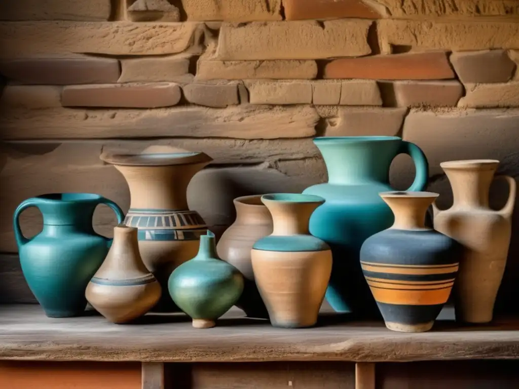 Una colección de antiguos recipientes de cerámica egipcia, cuidadosamente dispuestos sobre una mesa de madera desgastada