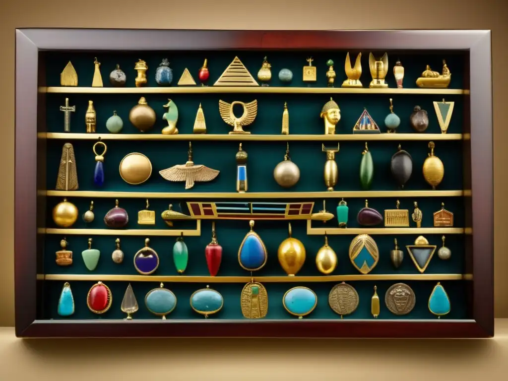 Una colección impresionante de amuletos egipcios antiguos, cuidadosamente dispuestos en una vitrina forrada de terciopelo