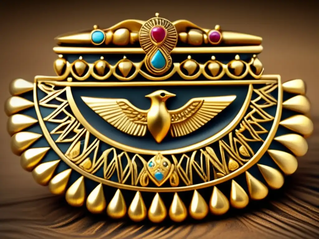 Collar de amuletos egipcios vintage con simbolismo lingüístico en joyería egipcia: amuletos intrincados en oro antiguo con gemas vibrantes