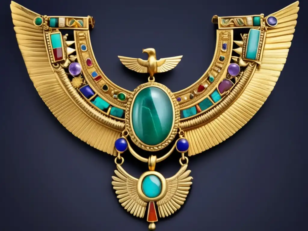 Collar dorado de la antigua joyería egipcia con simbolismo de dioses y gemas preciosas