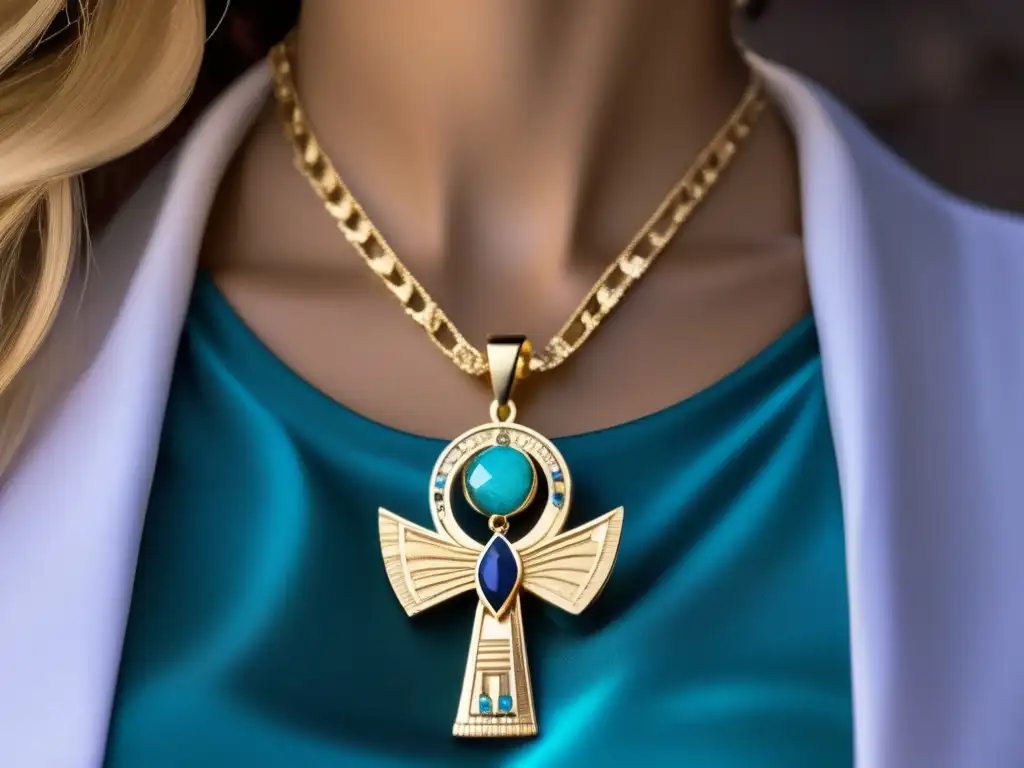Un collar dorado inspirado en Egipto con símbolos y jeroglíficos intrincados