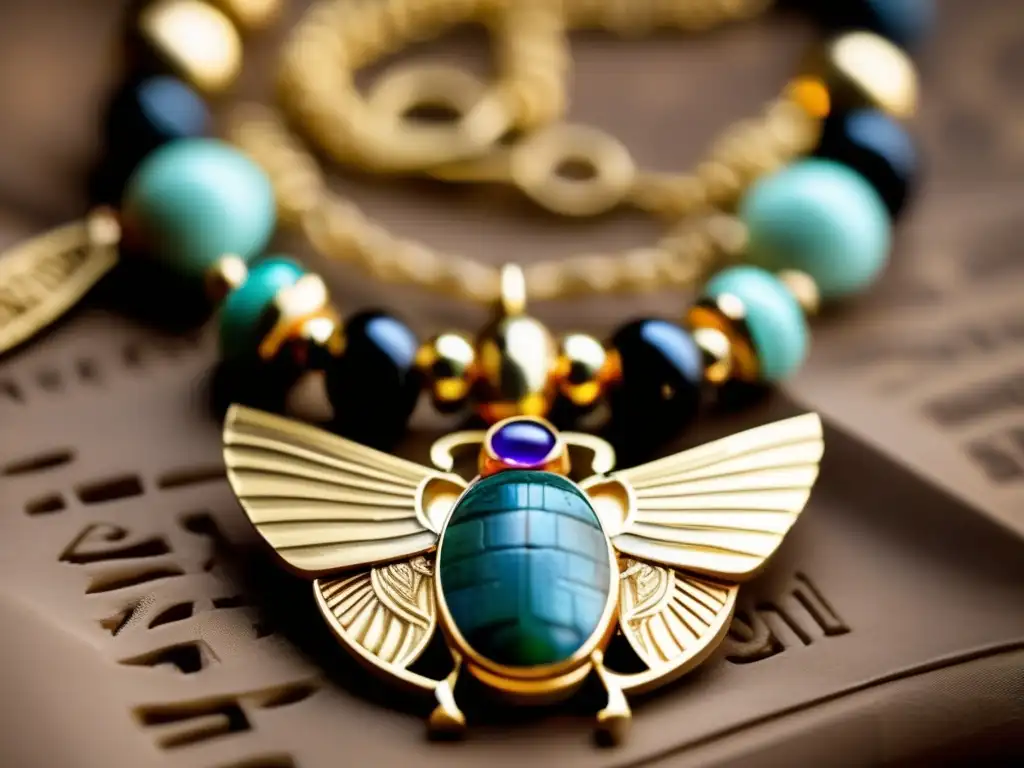 Un collar egipcio ricamente adornado, con un colgante en forma de escarabajo, refleja el simbolismo lingüístico de la joyería egipcia antigua