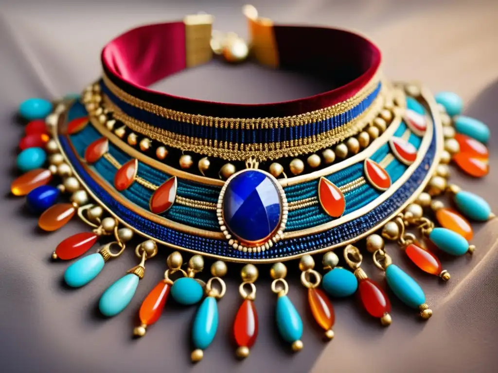 Un collar egipcio antiguo con cuentas de colores y patrones intrincados