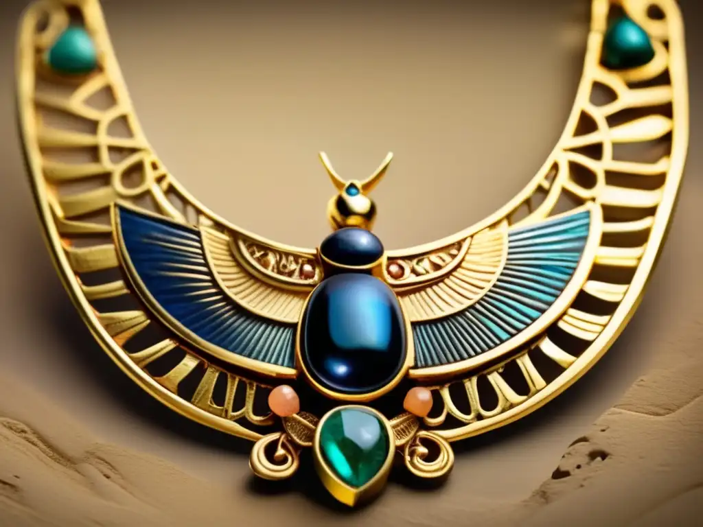 Un collar de oro antiguo de Egipto con detallados grabados jeroglíficos que exhiben el simbolismo y poder de las joyas en el antiguo Egipto