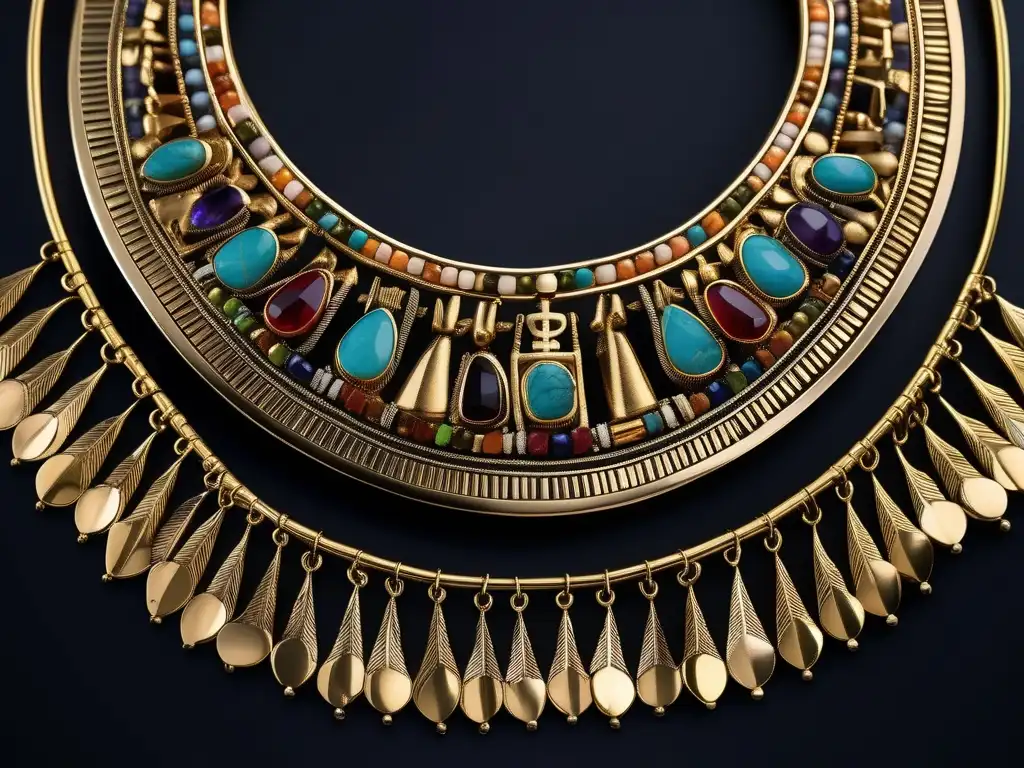 Collar Menat, símbolo de fertilidad en Egipto, con detalles dorados y vibrantes gemas, exhibido en un soporte