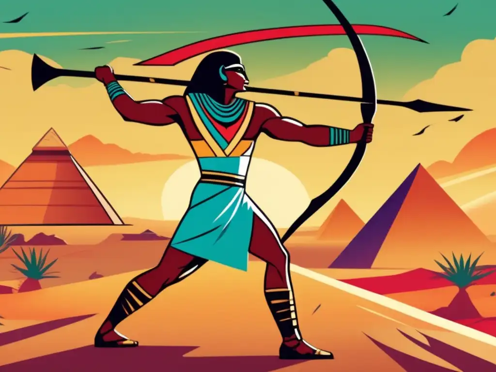 Un ilustración vintage de colores vívidos que muestra un hábil lanzador de jabalinas del Antiguo Egipto en medio de una escena de batalla