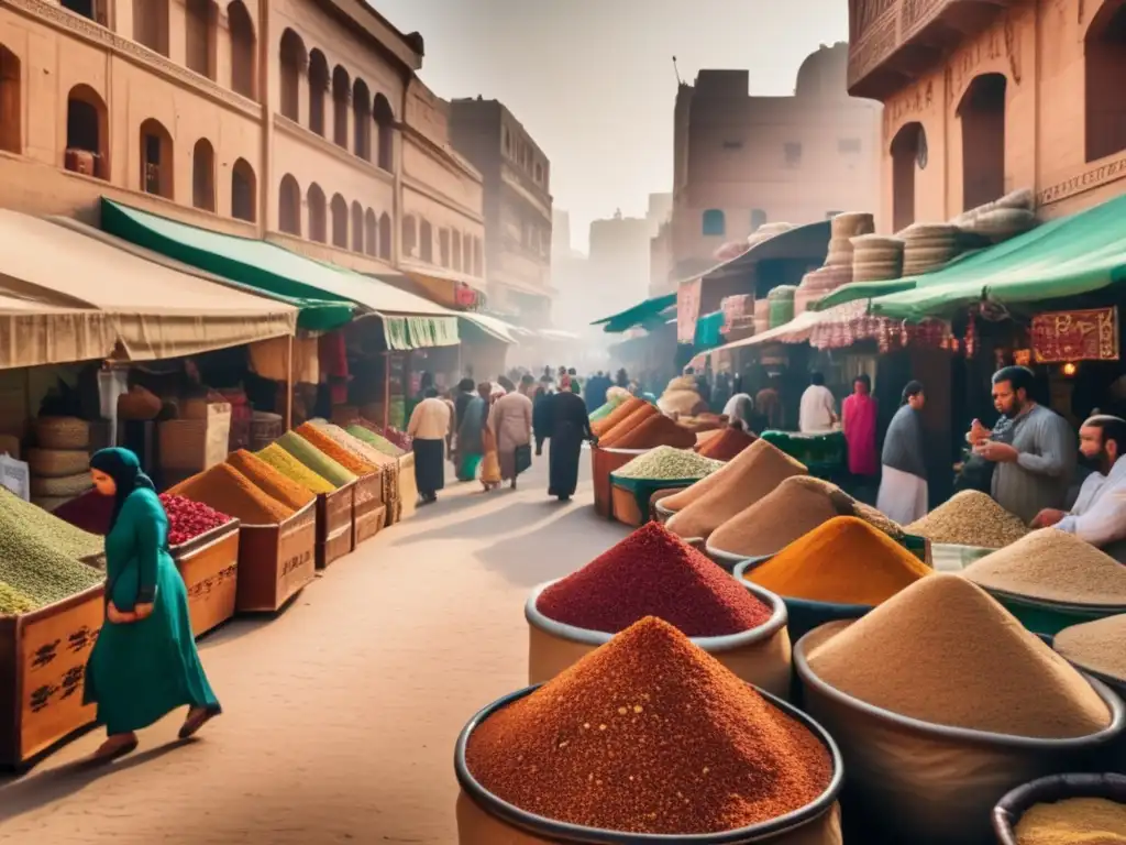 Una colorida escena en un bullicioso mercado de especias en El Cairo, Egipto