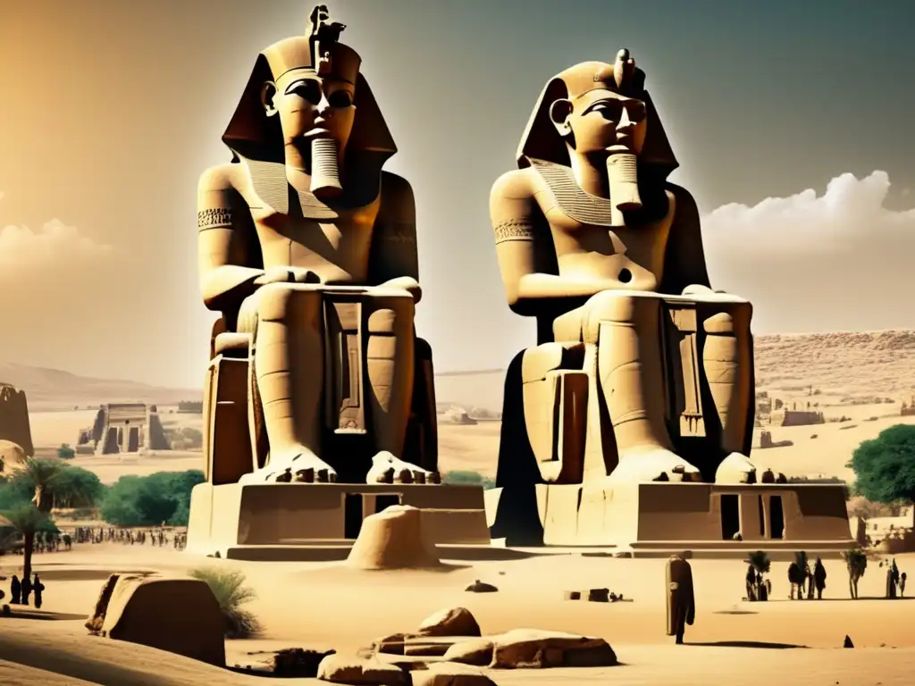 Restauración colosos Luxor Egipto: Detallada imagen vintage de la restauración de los Colosos de Memnón en Luxor