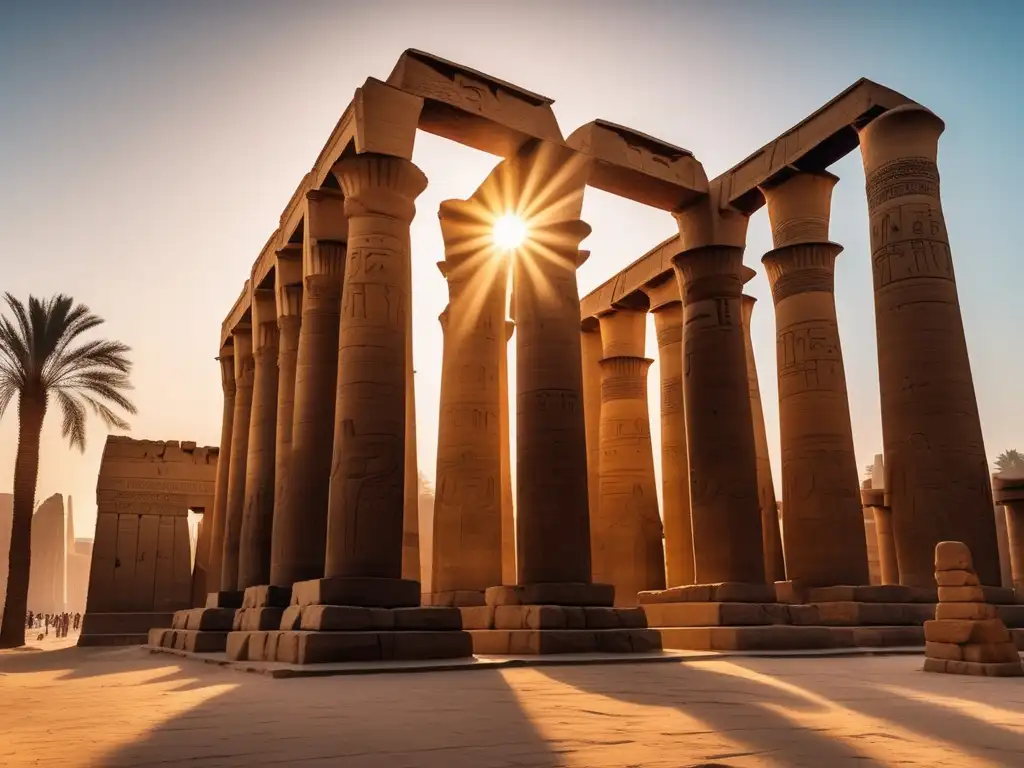 Restauración colosos Luxor Egipto: Una imagen 8k detallada que muestra el majestuoso Templo de Luxor en Egipto al atardecer
