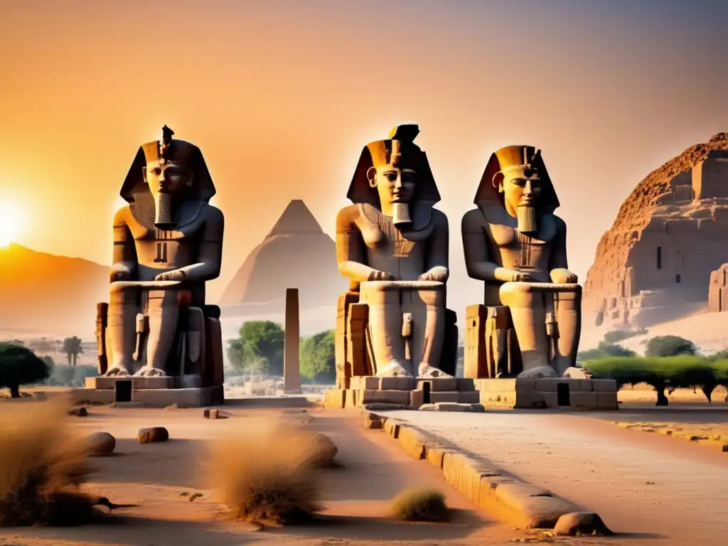 Colosos de Memnón: guardianes necrópolis Tebana, majestuosos al amanecer, con sus jeroglíficos y simbolismos sagrados, evocan asombro y reverencia
