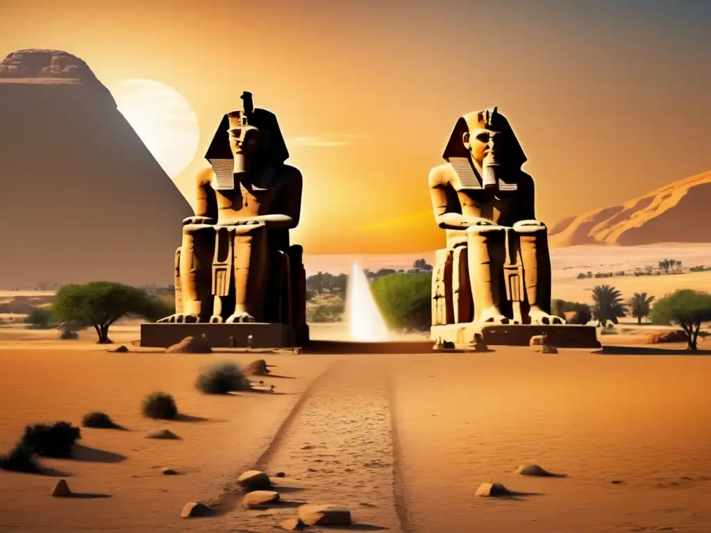 Los Colosos de Memnón, testigos de la historia y la mitología, se alzan imponentes al atardecer, proyectando sombras en el paisaje egipcio