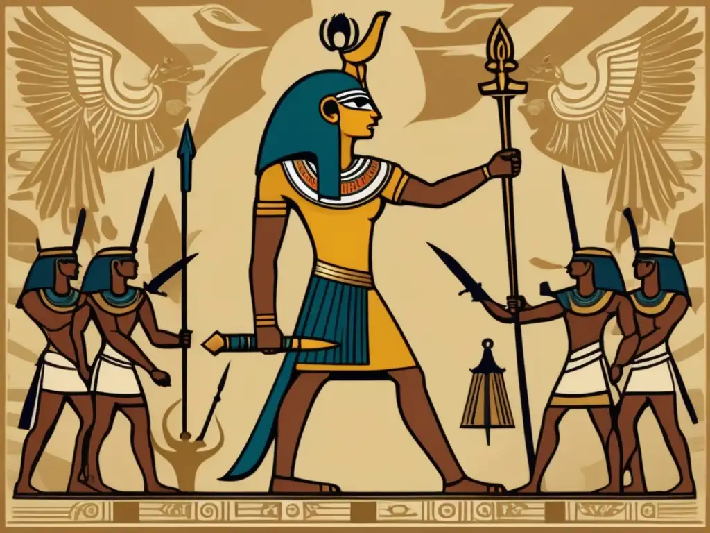 Un combate épico con la Estatuilla de Horus como protagonista, rodeado de criaturas míticas y un guerrero egipcio en armadura antigua